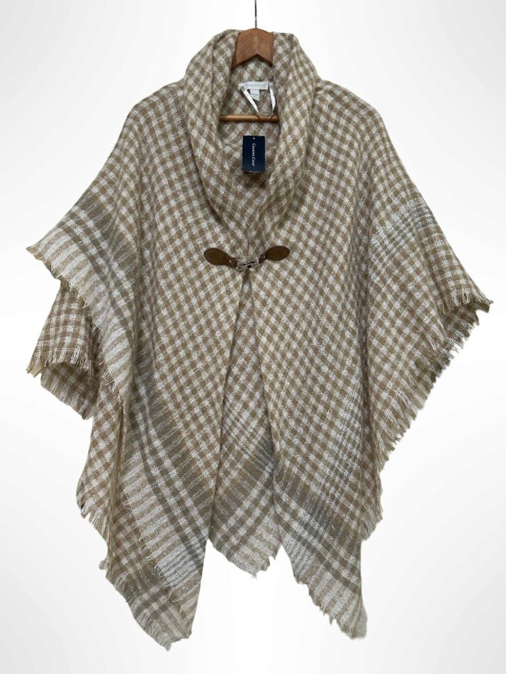 CHARTER CLUB Plaid Clip Closure Poncho Camel Tan Cream One Size NWT